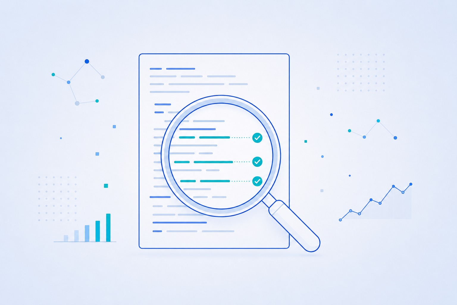 Magnifying glass scanning the changed lines of a code file
