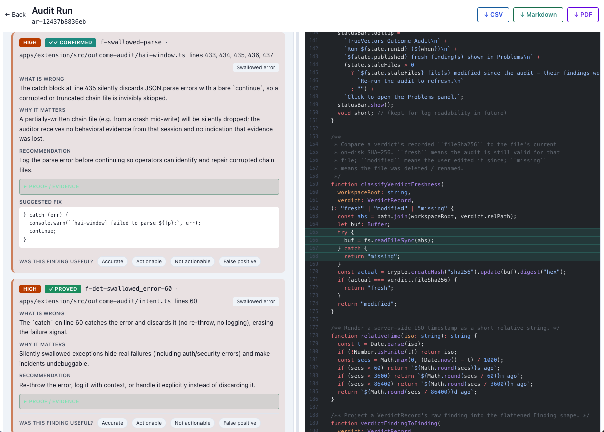 Code Auditor findings: swallowed-error defects tagged confirmed and proved, each with what's wrong, why it matters, a recommendation, and a suggested code fix shown next to the offending source.